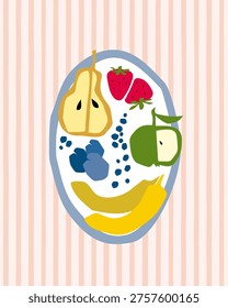 An oval plate of fruit on a striped background. Summertime treats concept. A bright summer vector illustration.