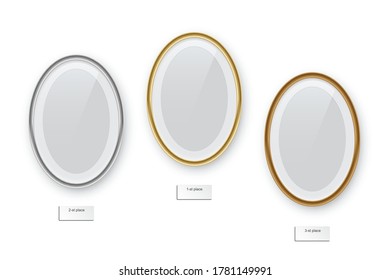 Oval podium frames. Golden, silver and bronze borders isolated on white background. Vector illustration.