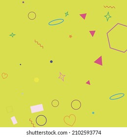 Oval Polygonal Ring Rectangle Zigzag Red Geometry Illustration. Circle Orange Yellow Stars Lime Bright Hearts Hipster Background. Wave Colorful Violet Green Simple Pastel Pink Background.