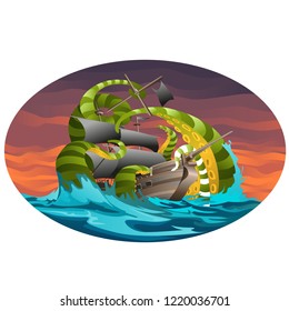 Oval poster with sea ship captured by octopus tentacles. Vector cartoon close-up illustration.