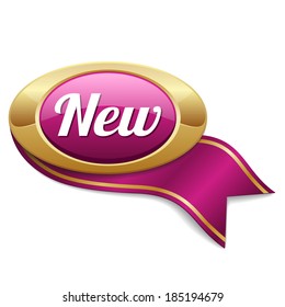 Oval purple new button with gold border and ribbon on white background