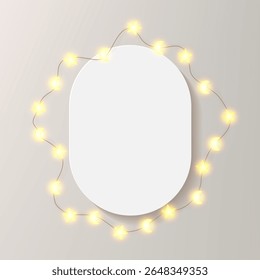 Oval Ramadã quadro em bege claro. Cartão islâmico Eid vertical decorado com lua e estrela corda de luz de guirlandas conduzidas. Modelo de arte branca mock-up, post de saudação de citação festiva. Borda da grinalda de feriado