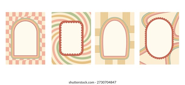 Oval, rectangle and arch groovy scallop frames banners template set. Geometric doodles text boxes with rainbow stripes. Borders on checkerboard and grid background. Vector retro illustration.