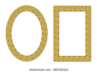 Oval and rectangle frame gold dot pattern. Sparkle glitter mosaic. Flashing sequins for wedding invitation card. Glistening shimmer texture with shiny yellow and brawn paillettes. Vector border.