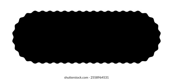 Oval rectangle shape with wavy edges. Rectangular form with scalloped borders isolated on white background. Empty text box, sticker, tag or label template. Vector graphic illustration.