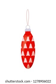 Oval red ball with pattern of trees and thread for hanging. Colorful single Christmas toy for decoration in realistic style isolated on white vector