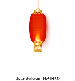 Oval red Chinese paper lantern or lamp for decoration or celebration, isolated vector illustration.