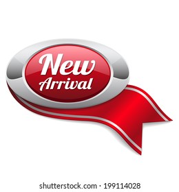 Oval red new arrival badge with ribbon on white background