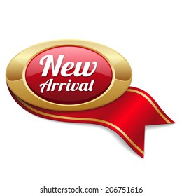 Oval red new arrival badge with ribbon on white background