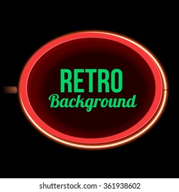 Oval retro sign with red neon light. Street sign with an empty subject of for your Text, advertising, promotions, business. Vintage 3d frame with bright glowing lights. Vector illustration