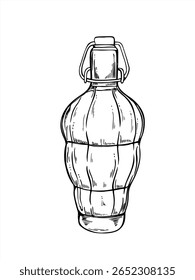 Oval ribbed bottle with flip top reusable closure monochrome vector illustration. Etching drawing of glass bottle with drink for limoncello, craft lemonade, artisanal liqueurs, beverage packaging