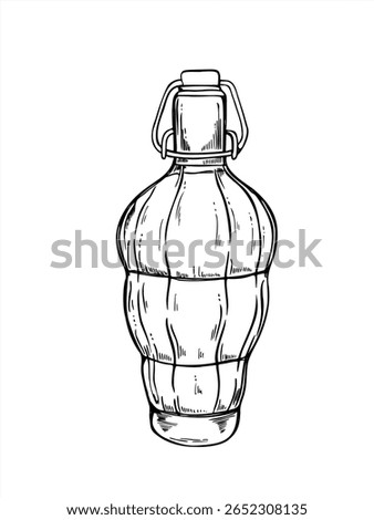 Oval ribbed bottle with flip top reusable closure monochrome vector illustration. Etching drawing of glass bottle with drink for limoncello, craft lemonade, artisanal liqueurs, beverage packaging