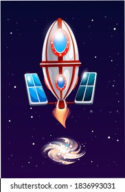 Oval rocket with solar battery flies into space and blows energy. The circulation of matter at the bottom of aircraft. Travel across the galaxy. The rocket delivers solar cell into outer space