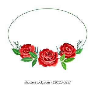Oval Rose Frame with Red Lush Bud and Green Leaves Arranged in Shape with Border Vector Illustration