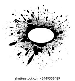 Oval rough frame. Rough artistic ink splashes with spots. Ink paint splashes in drops, blots, and dry brush marks. Vector illustration