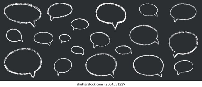 Oval and round chalk, crayon hand drawing speech bubble set. Vector stock grunge texture illustration on black chalkboard background for design template business presentation, school education. EPS 10