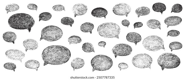 Oval and round chalk, crayon hand drawing speech bubble set. Vector stock grunge texture illustration isolated on white background for design template business presentation, school education. EPS 10