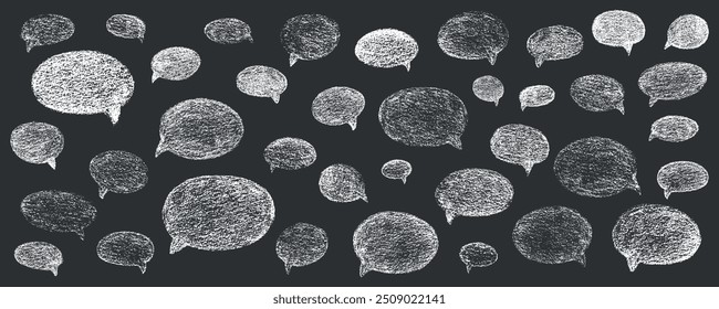 Oval and round chalk, crayon hand drawing speech bubble set. Vector stock grunge texture illustration isolated on black background for design template business presentation, school education. EPS 10