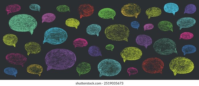 Ovale und runde Kreide, handgezeichnete Sprechblasen-Set. Vektorgrafik mit farbiger Textur, einzeln auf schwarzem Hintergrund, für Designvorlagen, Unternehmenspräsentation, Schulbildung. EPS 10