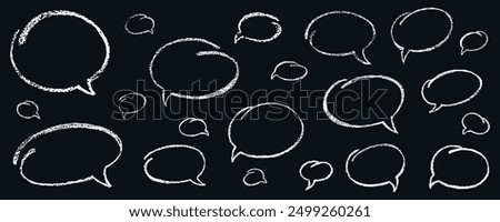 Oval and round chalk, crayon hand drawing speech bubble set. Vector stock grunge texture illustration isolated on black background for design template business presentation, school education. EPS 10