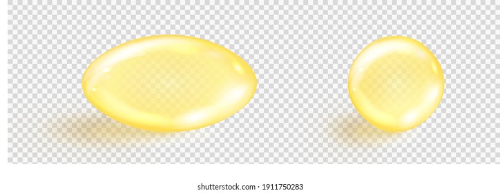 Oval, round golden fish oil capsules isolated on transparent background. Realistic gold collagen gel pills. Cosmetic capsule of omega3, antibiotic, vitamin. Vector illustration of amber serum droplet