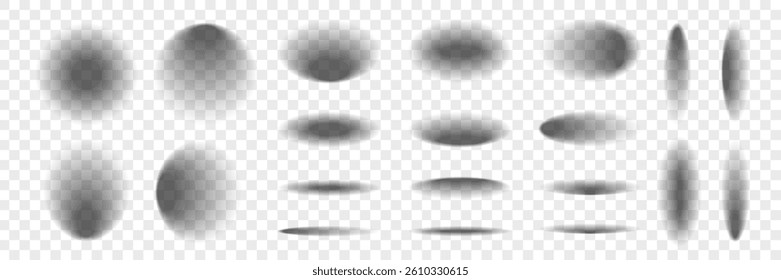 Oval and round realistic shadow set. Object blur shade effect. Gradient shapes from dark gray to transparent color. Black Tab collection for product design