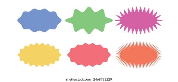  Oval and round shaped sunburst labels and badges. sunburst price stickers. colorful starburst, sunburst, stamp, seal, sticker. vector illustration.