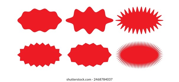 Oval and round shaped sunburst labels and badges. sunburst price stickers. red starburst, sunburst, stamp, seal, sticker. vector illustration.