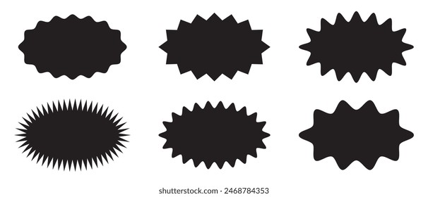 Etiquetas e insignias ovaladas y redondas. pegatinas de Precio sunburst. negro starburst, sunburst, sello, sello, etiqueta. Ilustración vectorial.