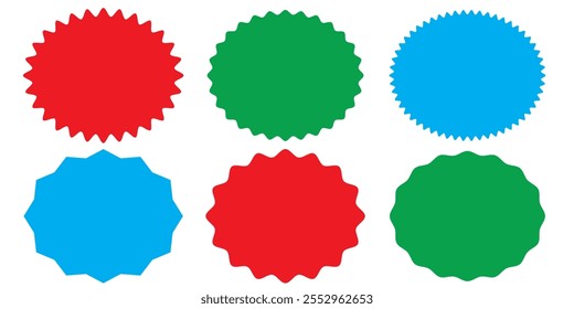 Oval and round shaped sunburst labels and badges. sunburst price stickers. colorful starburst, sunburst, stamp, seal, sticker. vector illustration. 333