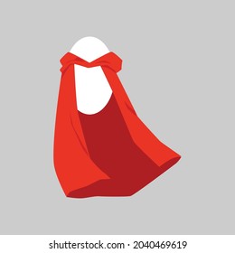 Oval rounded white empty badge in red super hero cape, flat vector illustration isolated on grey neutral background. Red superhero cloak with blank frame for text.