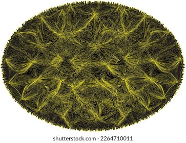 Oval rug ,doormat, mat, carpet with abstract pattern with radial elements in yellow, black colors and grunge rough fringe isolated on white background