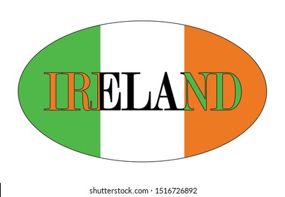 An oval rugby ball shape with the text Ireland and colours of the national flag