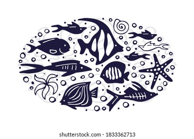 Oval sea background with abstract graphic blue fishes. Vector illustration.