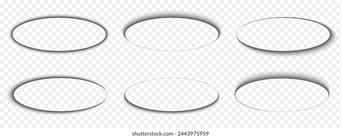 Oval shadows isolated on transparent background. Ellipse soft overlay effect. Elliptical shapes with dark gradient borders. Empty circular shades on floor, paper or page. Vector realistic illustration