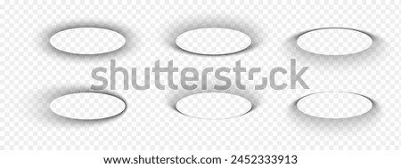 Oval shadows shapes isolated on transparent background. Elliptical soft overlay effect with dark gradient borders. Empty ellipse shades on floor, paper or page. Vector realistic illustration.