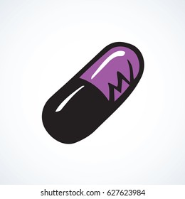 Oval shape blue cachet kit for ailment treat isolated on white background. Outline medic logo concept. Freehand black ink linear hand drawn emblem sketch in art retro doodle graphic style pen on paper