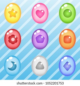 Oval shape candy block puzzle button glossy jelly. 2d asset for user interface GUI in mobile application or casual video game. Vector for web or game design. Decorative GUI elements, Cartoon colorful