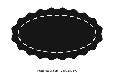 Oval shape with curvy borders and stitch line. Empty price, discount, sale offer, coupon, promo code tag. Speech bubble, message or text box template. Vector graphic illustration.