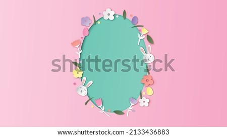 Oval shape frame of Easter decorated with flowers, easter eggs, bunnies and blank space. Happy Easter greeting card. Easter card. paper cut and craft style. vector, illustration.