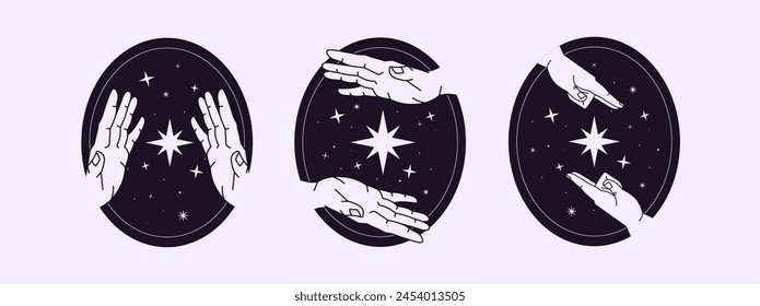 Ovale Form-Icons mit Händen und Sternen gesetzt. Spirituelle, esoterische Gesten mit Raum. Magische Meditationsembleme, okkultes Dekor in minimalem Stil. Astrologie-Symbole. Flache isolierte Vektorillustrationen.