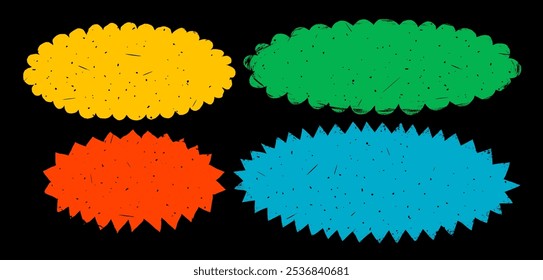 Adesivos de forma oval com bordas rasgadas em ziguezague. Quadros redondos de estilo grunge com borda rasgada. Mão desenhado distintivos vintage, banners e outras formas com texturas, ilustração vetorial.