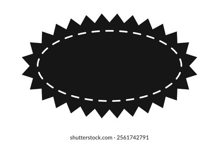 Oval shape with zigzag borders and dashed stitch line. Empty price, discount, sale offer, coupon, promo code tag. Speech bubble, message or text box isolated on white background. Vector illustration.