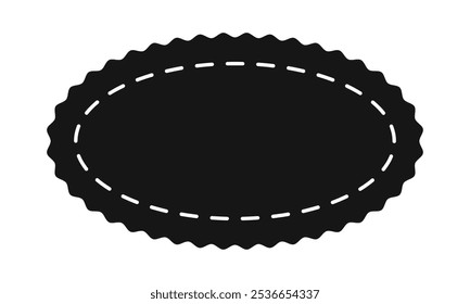 Oval shape with zigzag borders and stitch line. Empty price, discount, sale offer, coupon, promo code tag template. Speech bubble, message or text box layout. Vector graphic illustration.