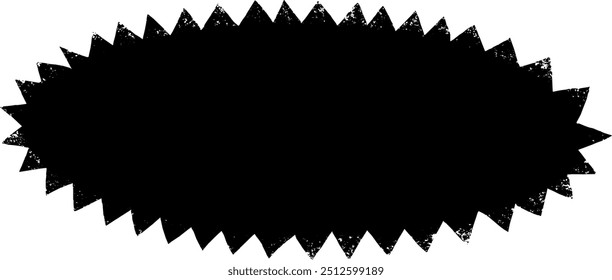 Oval shape with zigzag torn edges. Grunge style black round frame with ripped border. Black vector collage torn paper piece or vintage paint stain silhouette isolated on light background.