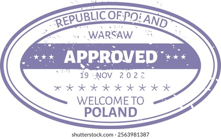 Oval shaped approved stamp displaying a textured, worn design with the words Republic of Poland, Warsaw, Approved, the date 19 Nov 2022, and Welcome to Poland