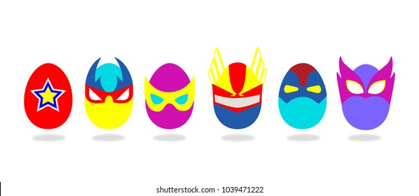 Oval shaped multi-colored super hero mask put together in a row,comic graphic art for card, baby t shirt printing and Easter day