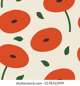 oval shaped red abstract floral minimalist seamless pattern 