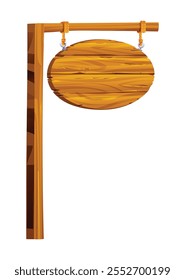 Oval shaped wooden signboard hanging on a post with ropes. Vector cartoon illustration
