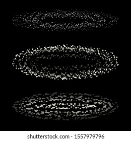Oval shapes made of spots, dots, tiny beads, blots, snowflakes.
Pattern for Christmas celebration party, New Year card. Gray confetti dots round on black background. Vector illustration.
